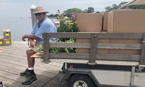 Bringing packages from the Saltaire ferry dock